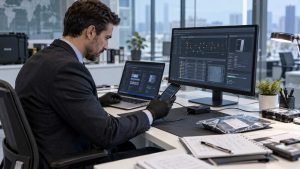 Professional digital forensic investigator reviewing digital evidence in a forensic lab