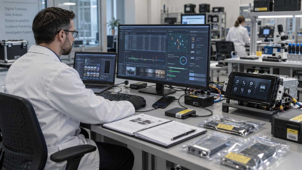 Digital forensic analyst examining digital evidence from computers, mobile devices and connected systems
