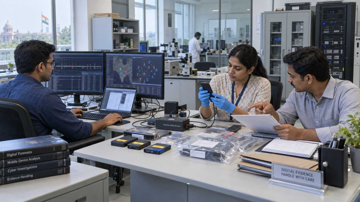 Indian digital forensics investigators analyzing digital evidence in a cyber forensic laboratory