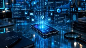 Digital forensics investigator analyzing mobile device evidence on a forensic workstation