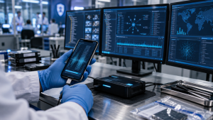 Digital forensic expert extracting data from a mobile phone for investigation
